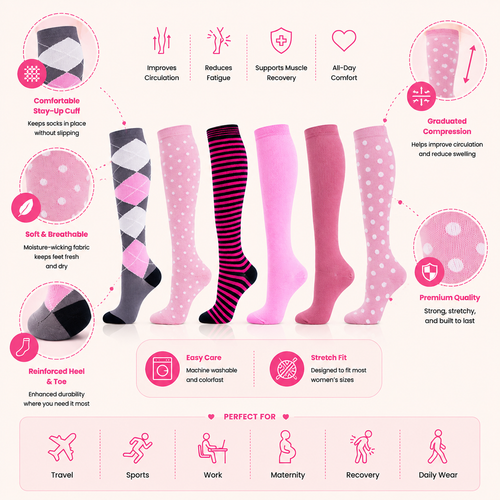 Knee-High Compression Socks – 6-Pair Set - Vibrant Patterned Support for Circulation & Comfort