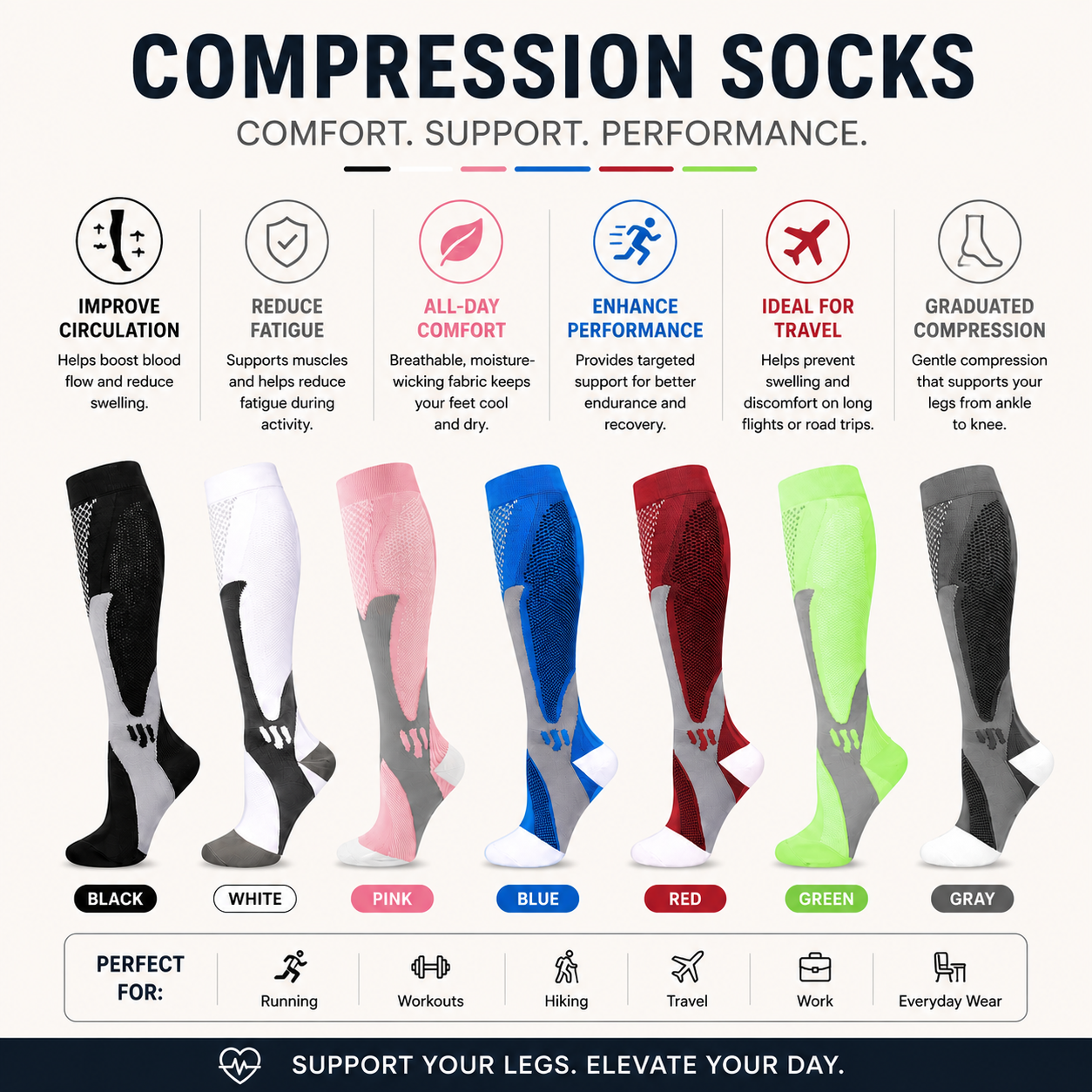 Graduated Compression Support Socks for Everyday Comfort & Circulation