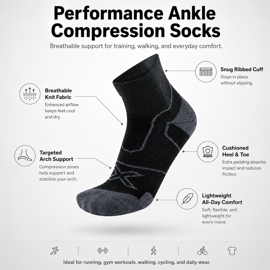 Performance Ankle Compression Socks with Arch Support, Breathable Cushioning & Reinforced Heel/Toe