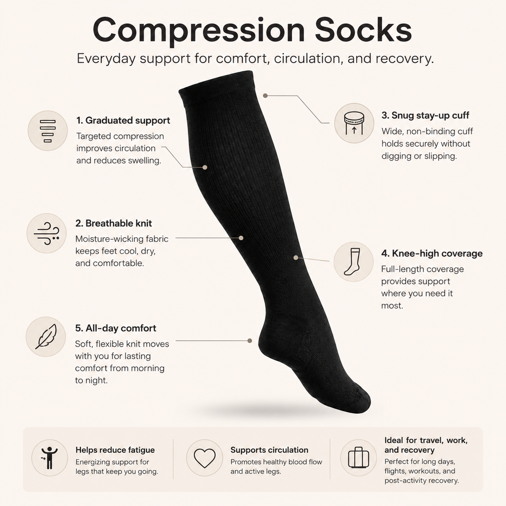 Knee-High Compression Socks for Everyday Leg Support & Comfort