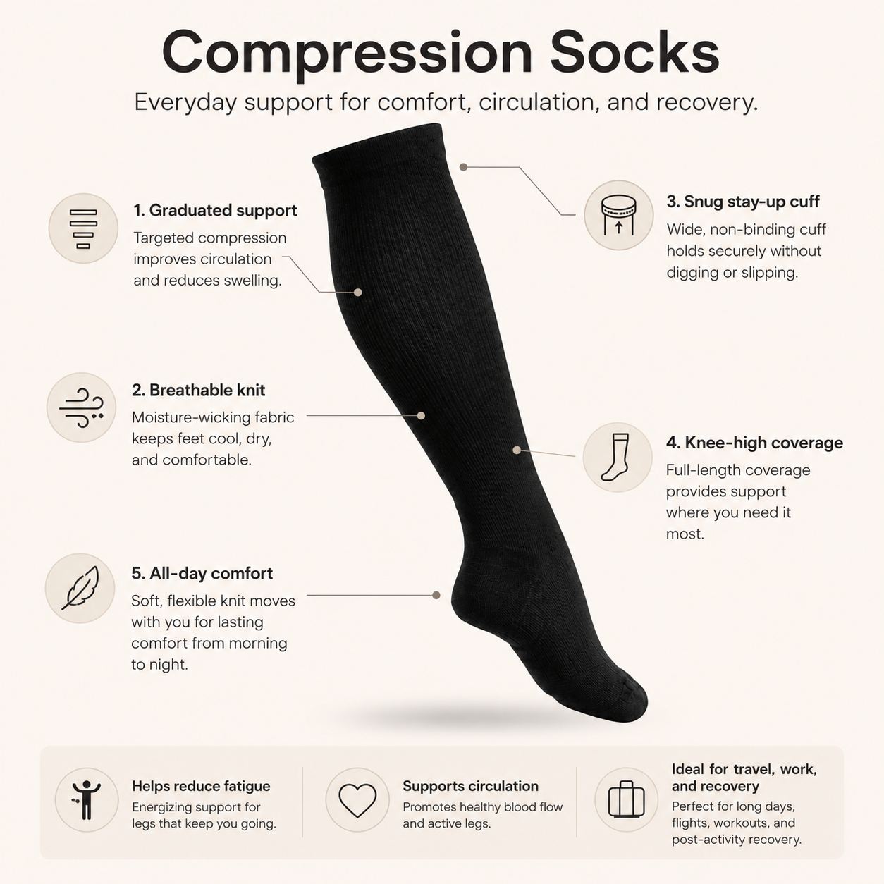 Knee-High Compression Socks for Everyday Leg Support & Comfort