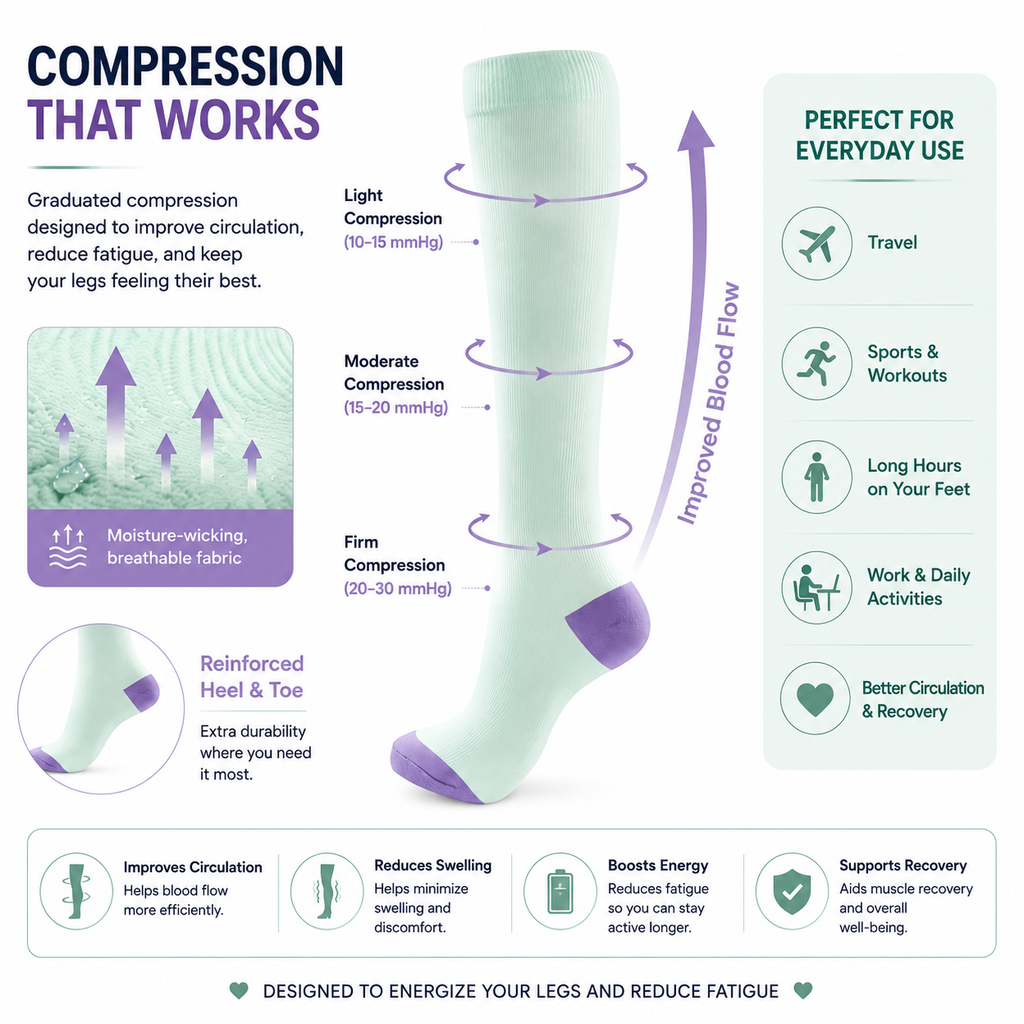 Mint Green Compression Socks with Purple Heel & Toe