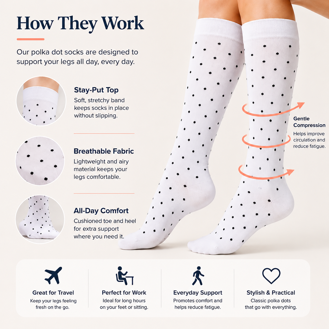 Premium White Compression Socks with Black Polka Dots