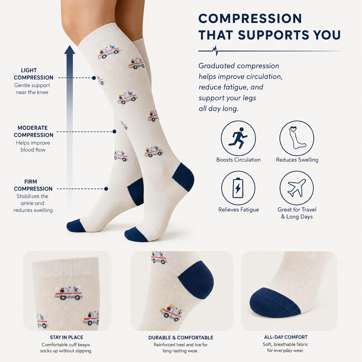 Ambulance Print Compression Socks – Knee High Medical & Nurse Support Stockings