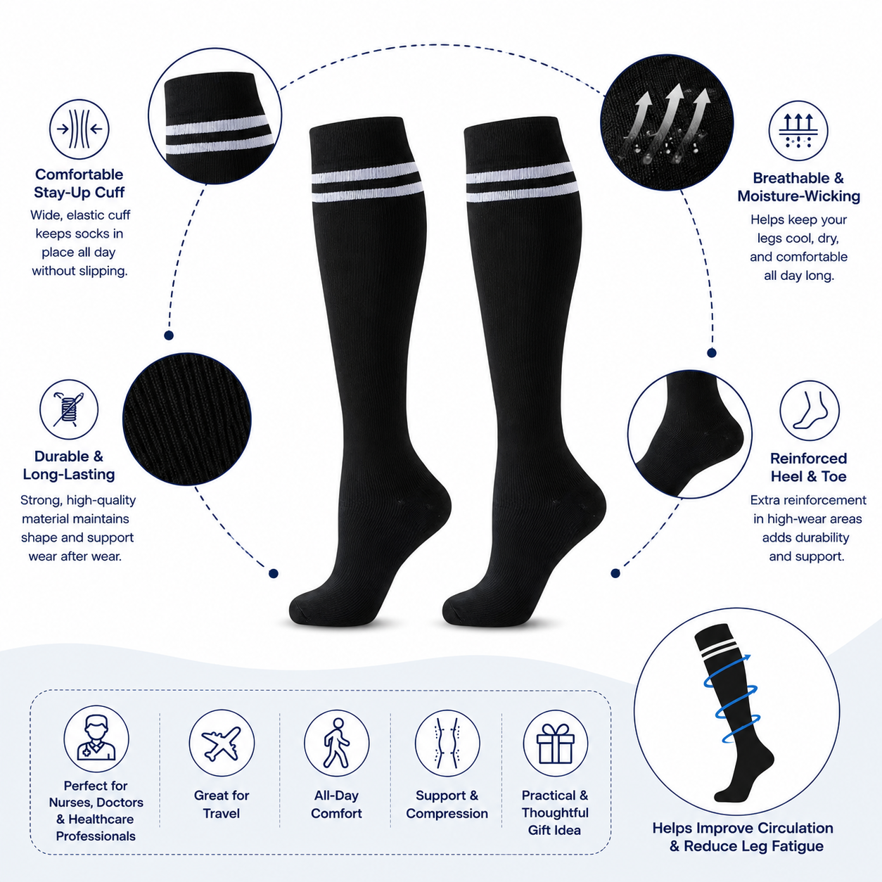 Classic Stripe Compression Socks – Knee High Support Socks for Men & Women