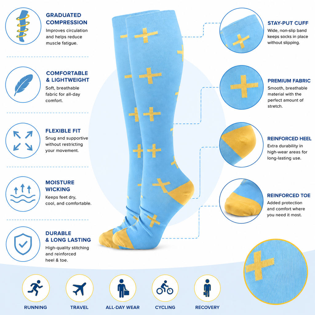 Sky Blue Cross Pattern Compression Socks