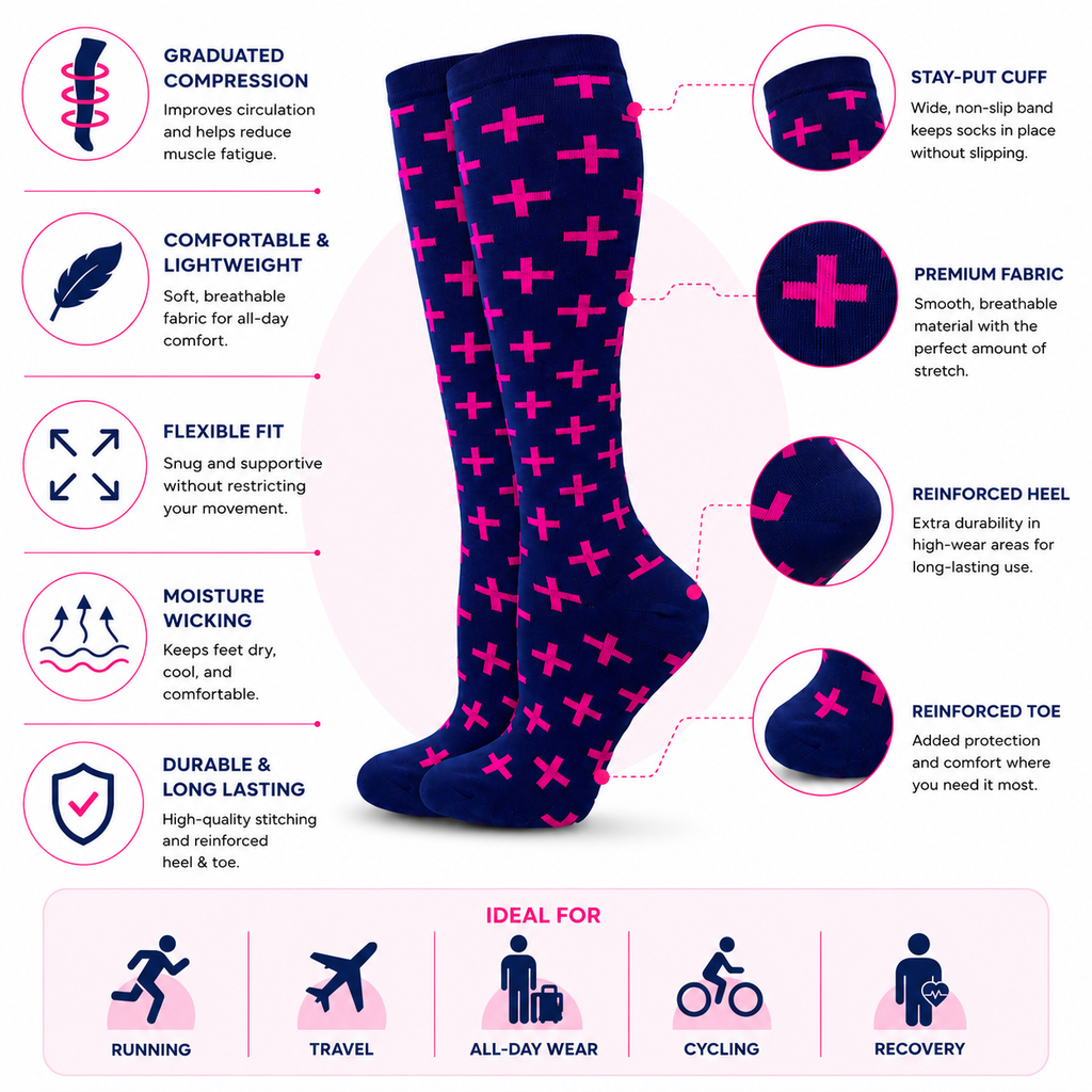 Navy & Pink Cross Pattern Compression Socks