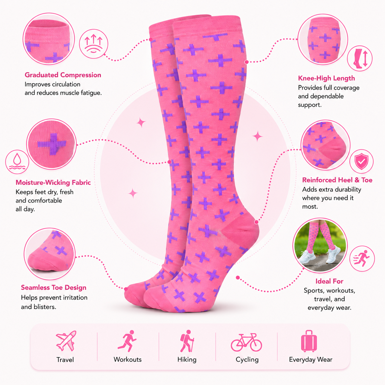 Pink & Purple Cross Pattern Compression Socks