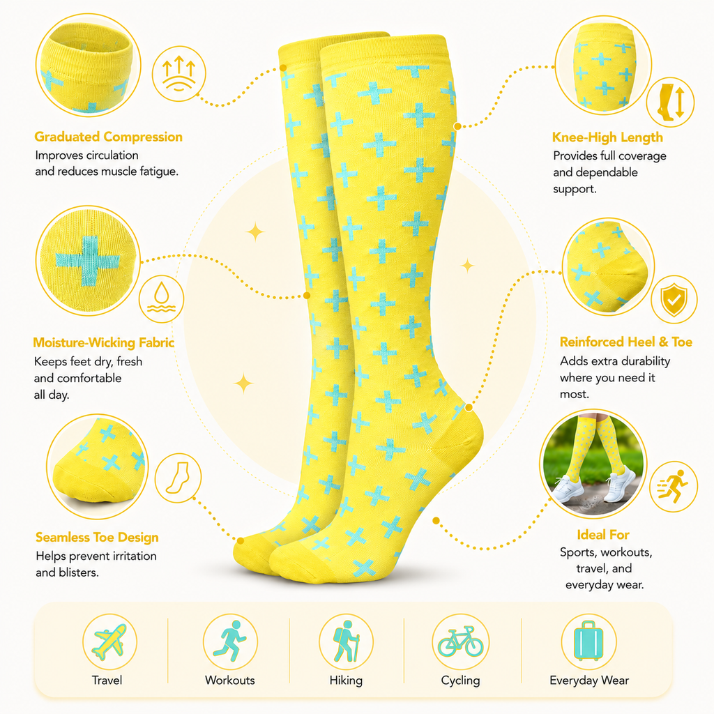 Yellow & Blue Cross Pattern Compression Socks