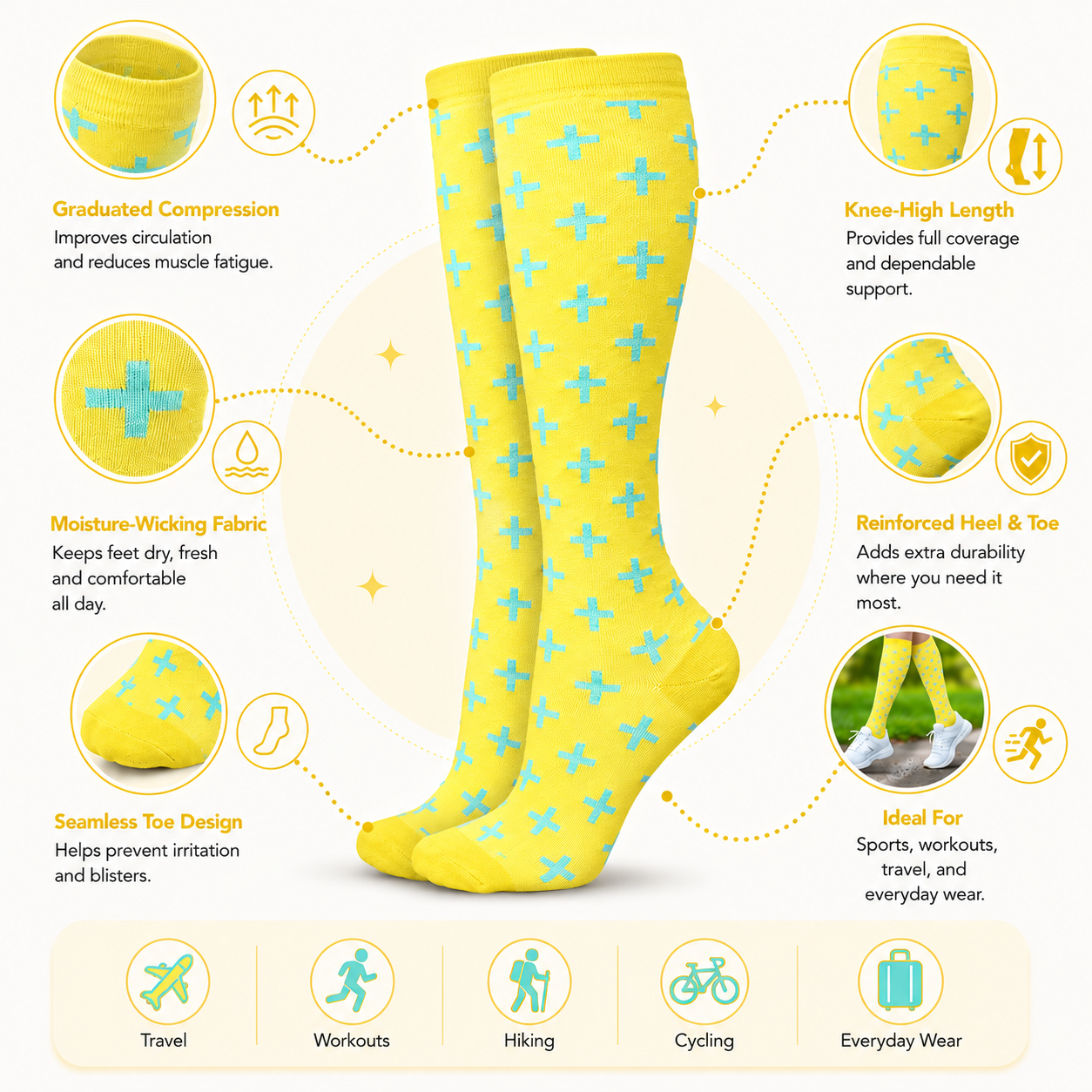 Yellow & Blue Cross Pattern Compression Socks