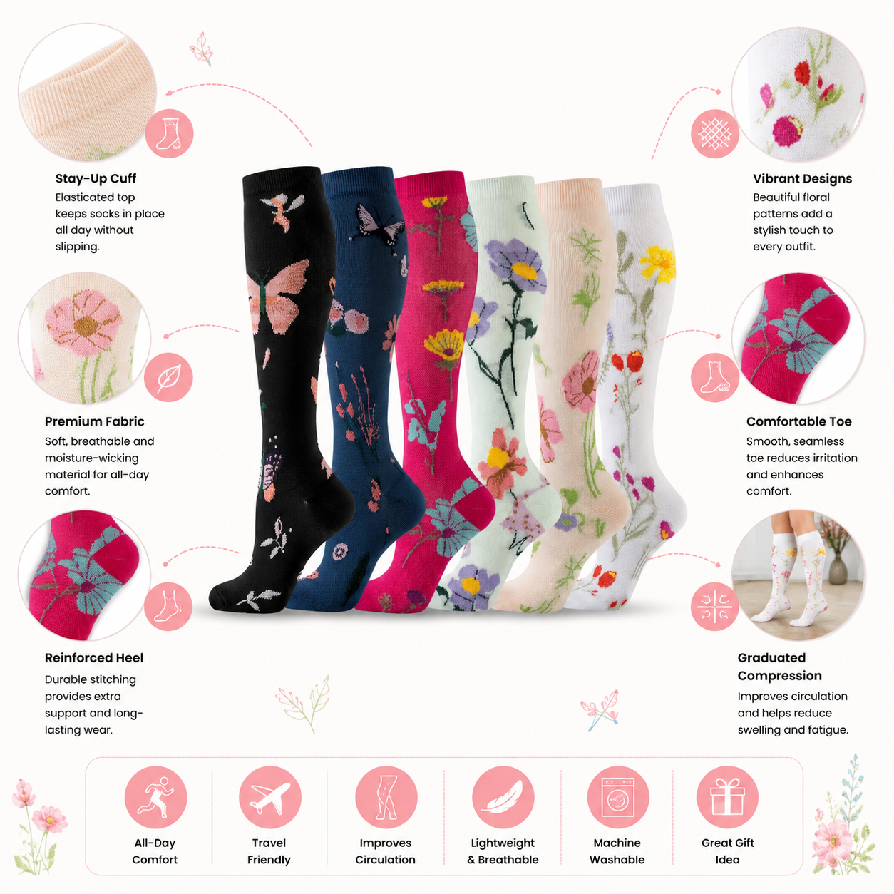 Floral Compression Socks – Comfortable & Stylish Leg Support