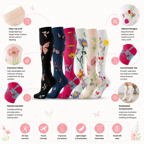 Floral Compression Socks – 6-Pair Set - Comfortable & Stylish Leg Support
