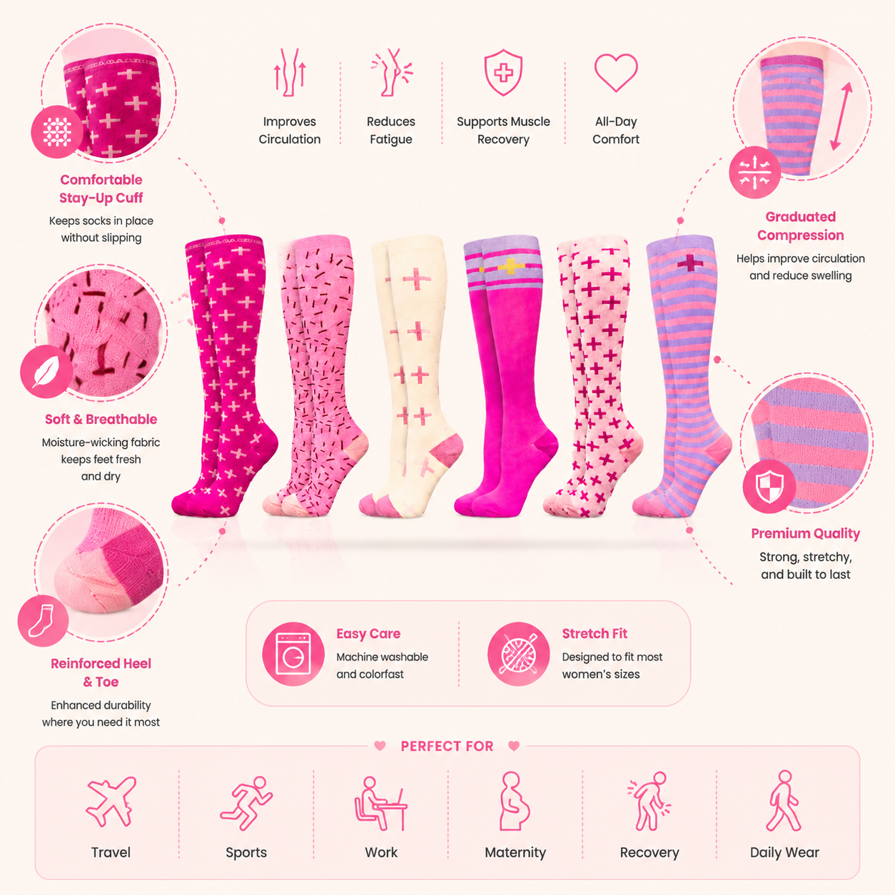 Knee-High Compression Socks – Vibrant Patterned Support for Circulation & Comfort