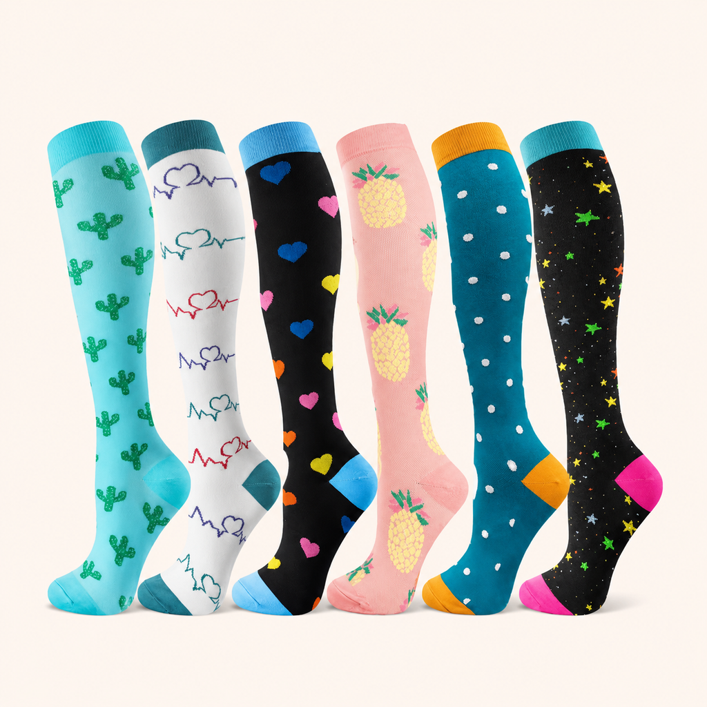 Vibrant Patterned Knee-High Compression Socks – Heart, Fruit & Star Designs