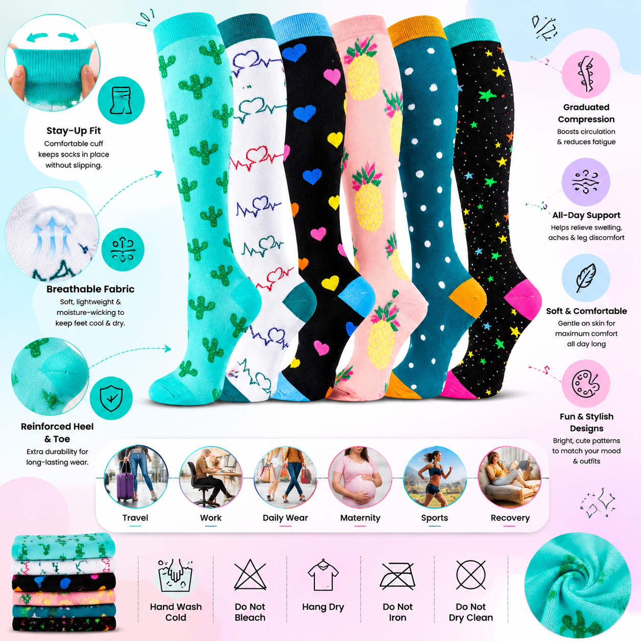 Vibrant Patterned Knee-High Compression Socks – Heart, Fruit & Star Designs