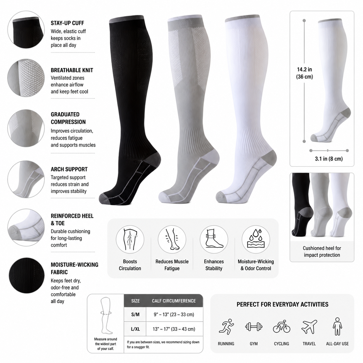 Premium Compression Socks – Breathable Support for Running, Travel, and Everyday Comfort
