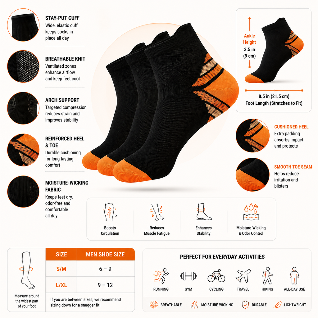 Unisex Compression Socks – Comfortable Low Cut Sports Socks with Heel & Arch Support (3 Pairs)