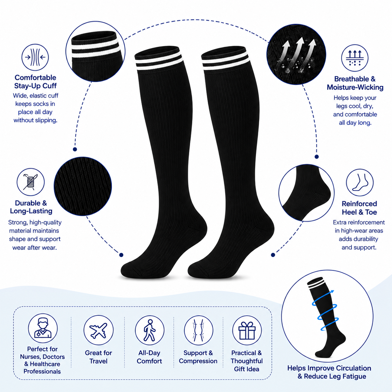 Classic Stripe Compression Socks – Knee High Support Socks for Men & Women