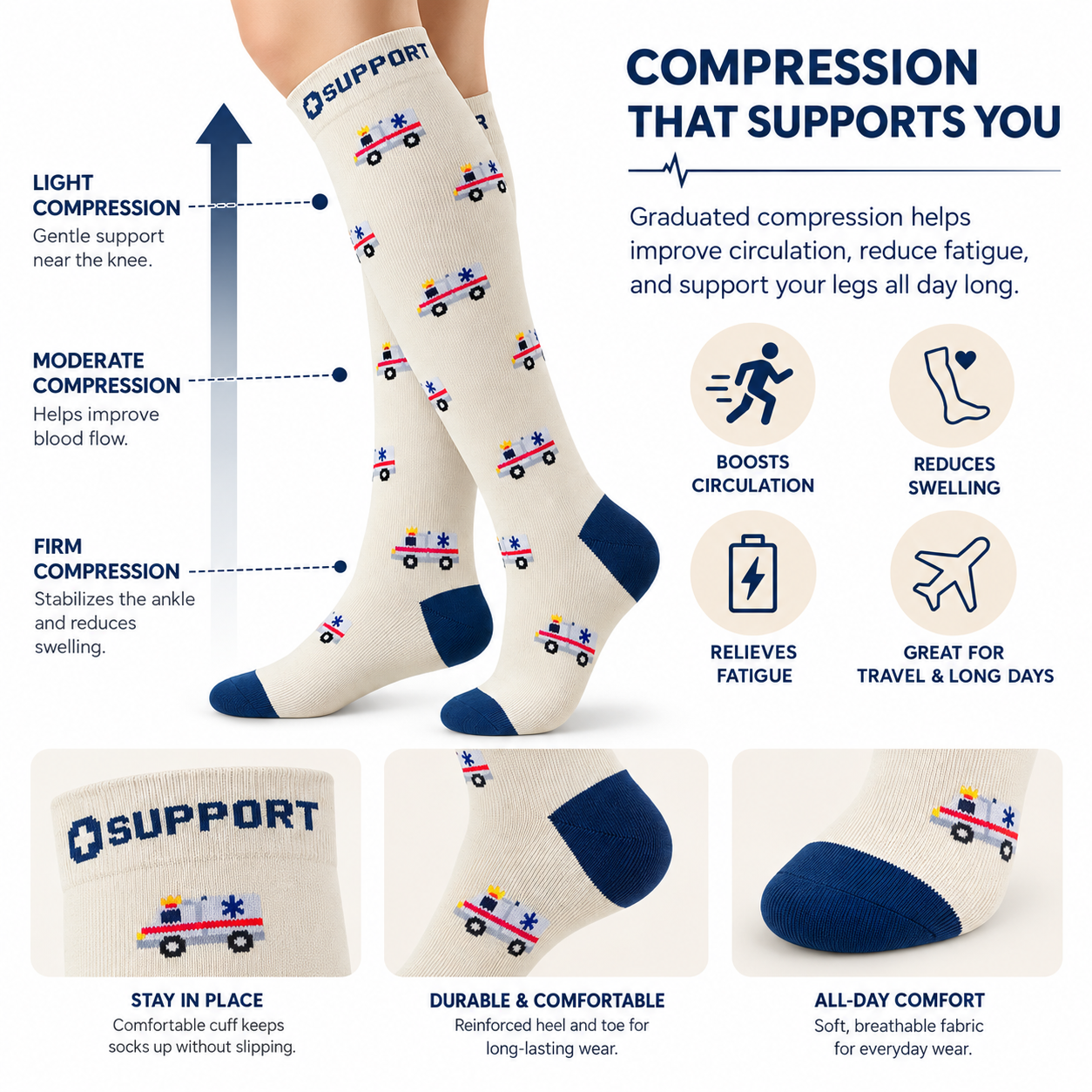 Ambulance Print Compression Socks – Knee High Medical & Nurse Support Stockings
