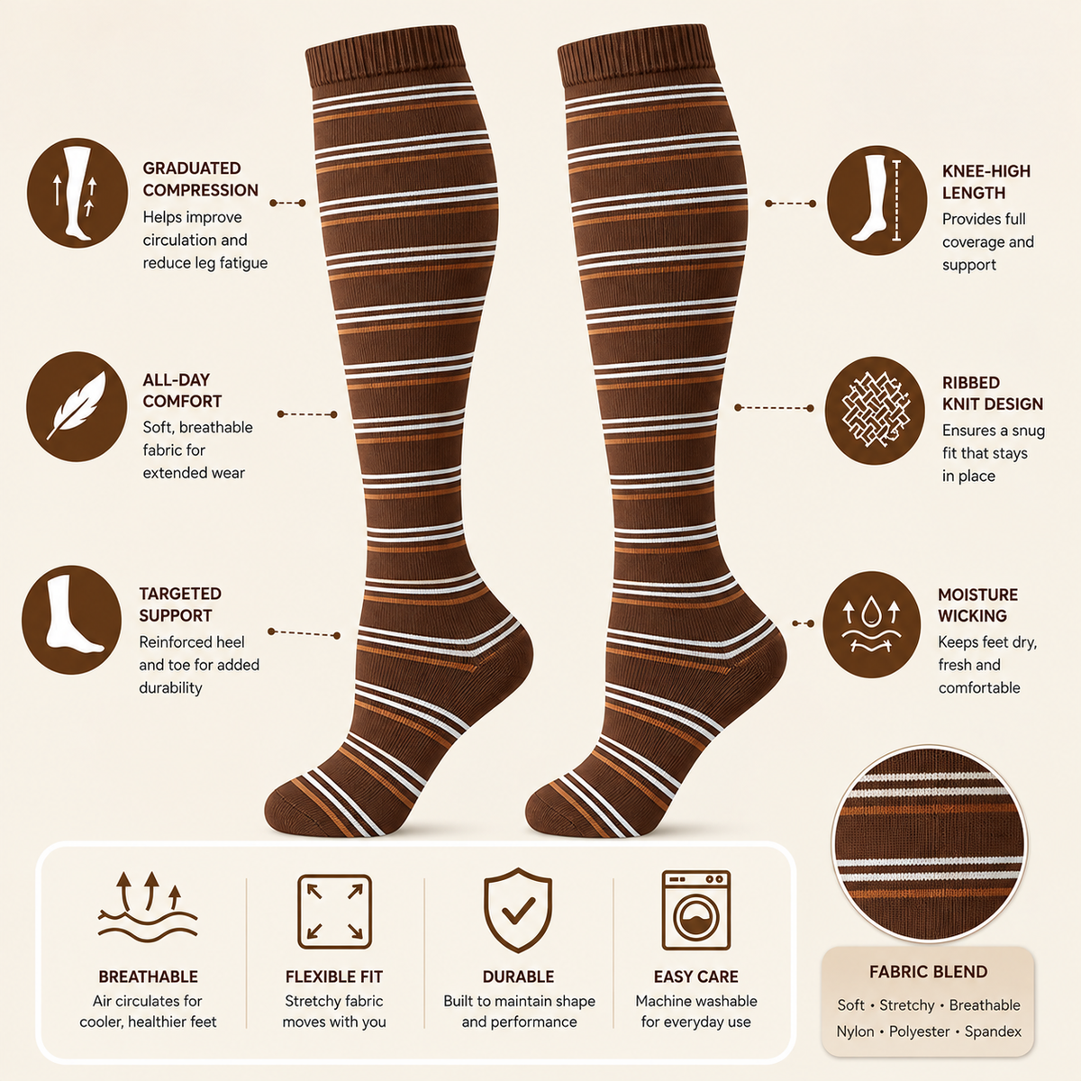 Vintage Brown Striped Compression Socks – Knee High Support for Comfort & Circulation