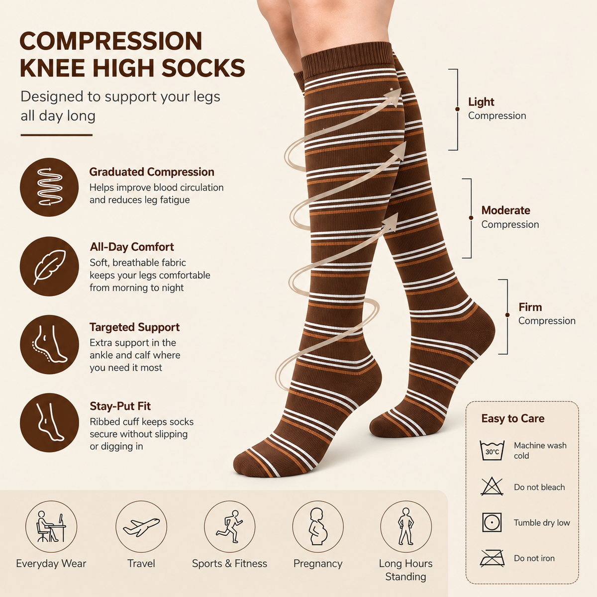 Vintage Brown Striped Compression Socks – Knee High Support for Comfort & Circulation