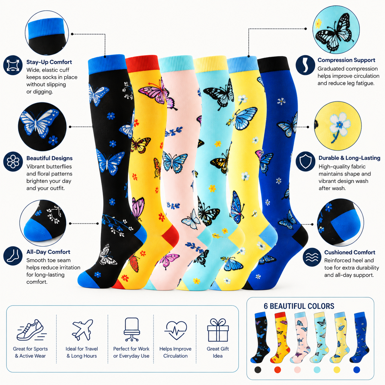 Butterfly Bloom Compression Socks – 6-Pair Set
