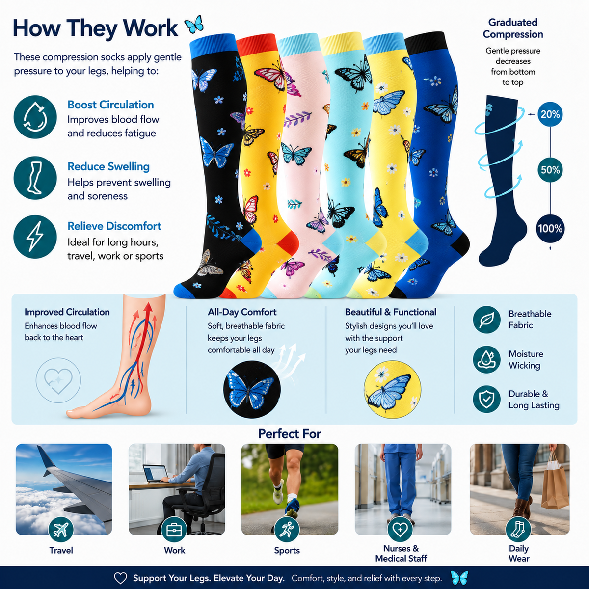 Butterfly Bloom Compression Socks – 6-Pair Set