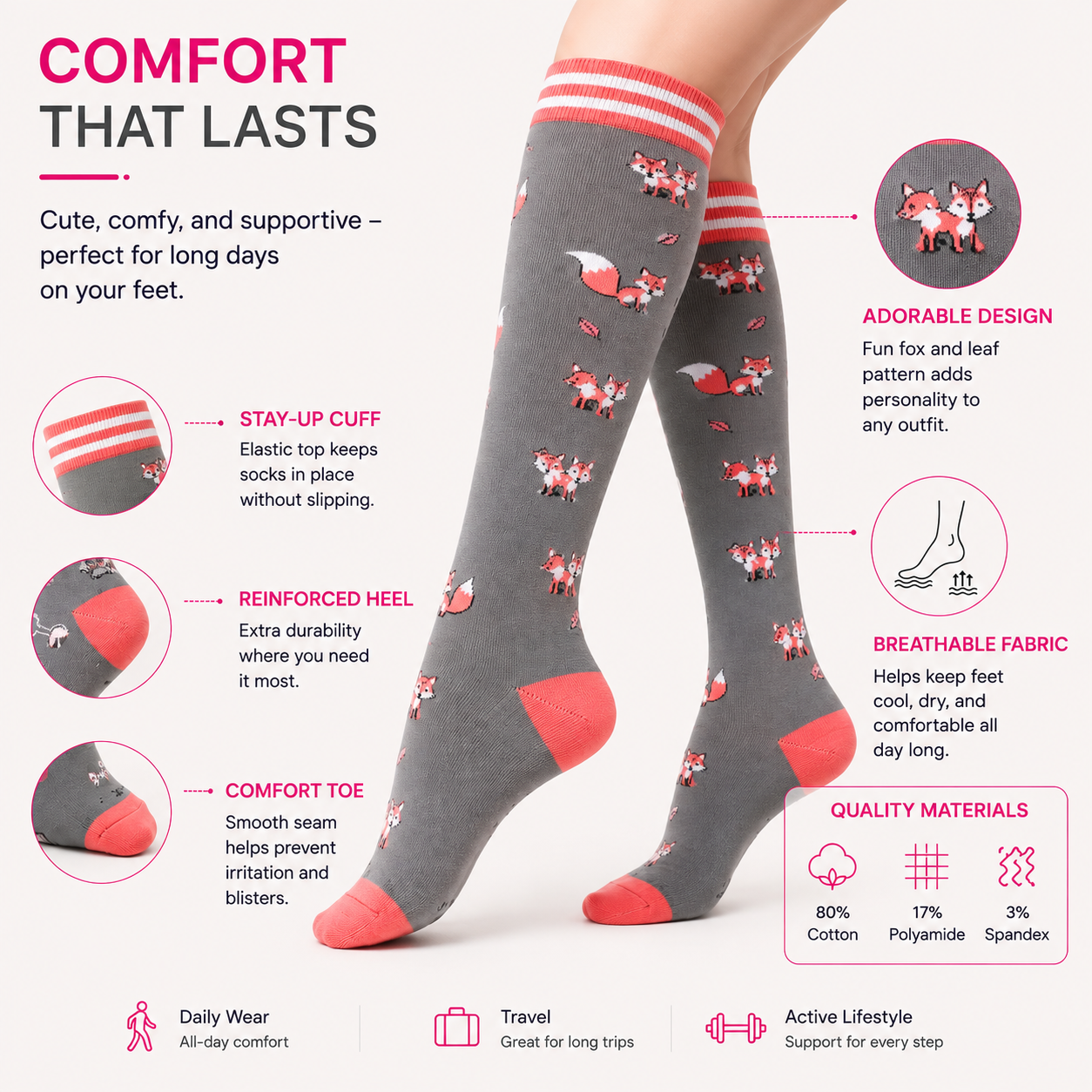 Cute Fox Compression Socks – Knee High Support Socks for Women & Men