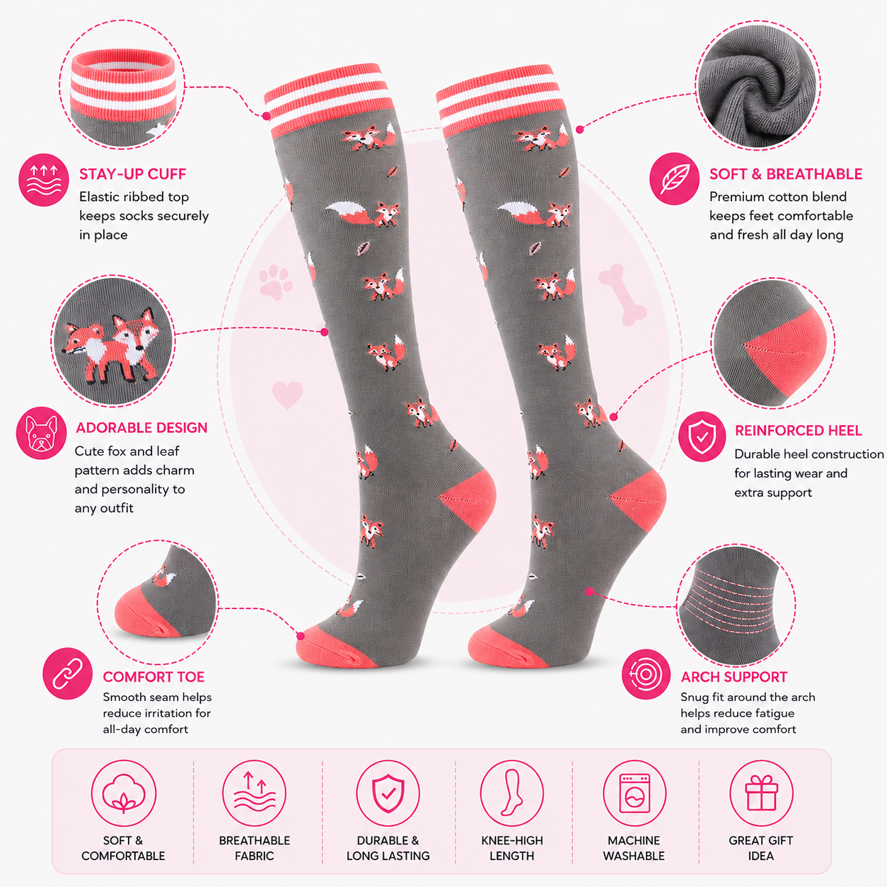 Cute Fox Compression Socks – Knee High Support Socks for Women & Men