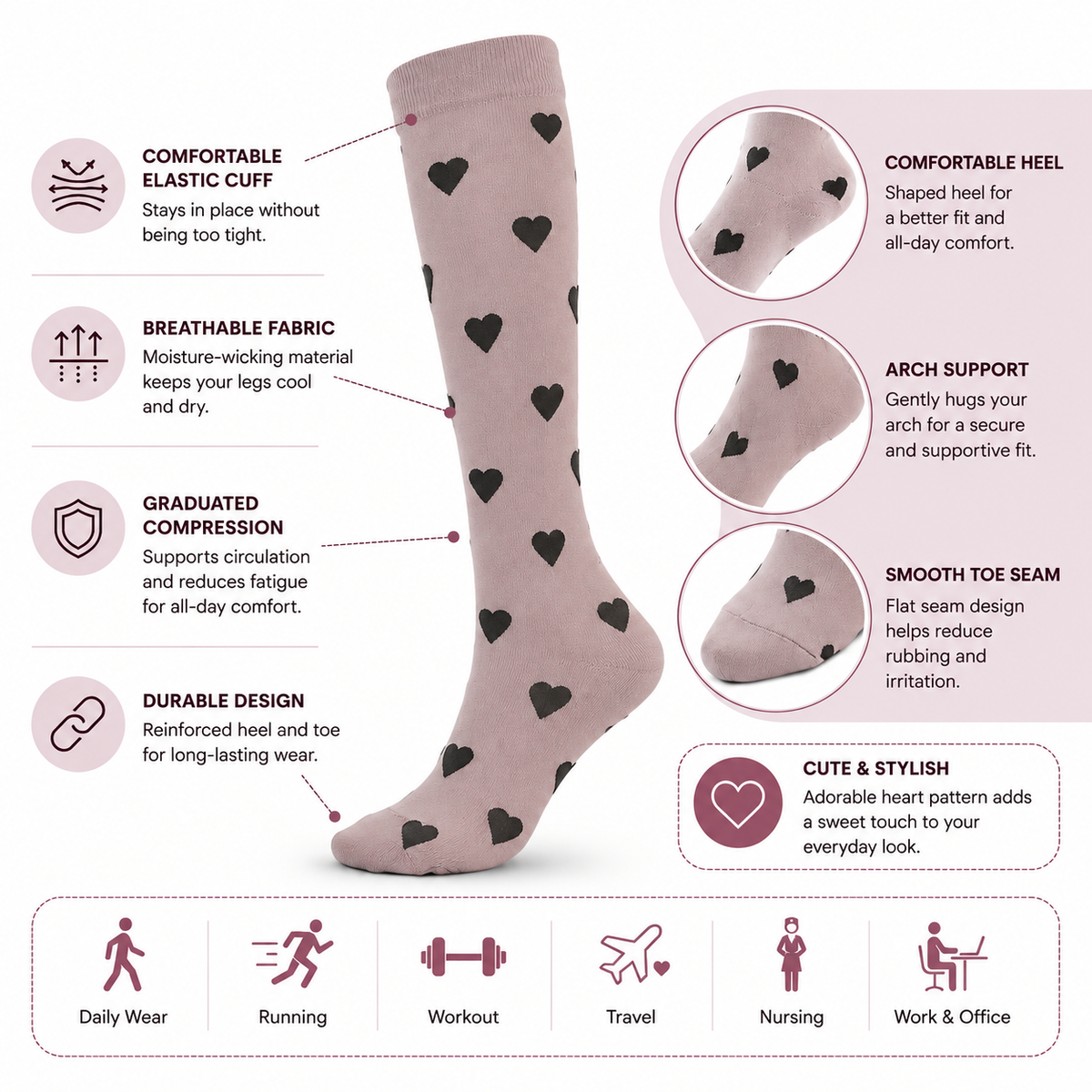 Heart Pattern Compression Socks – Cute Knee High Support Socks for Women