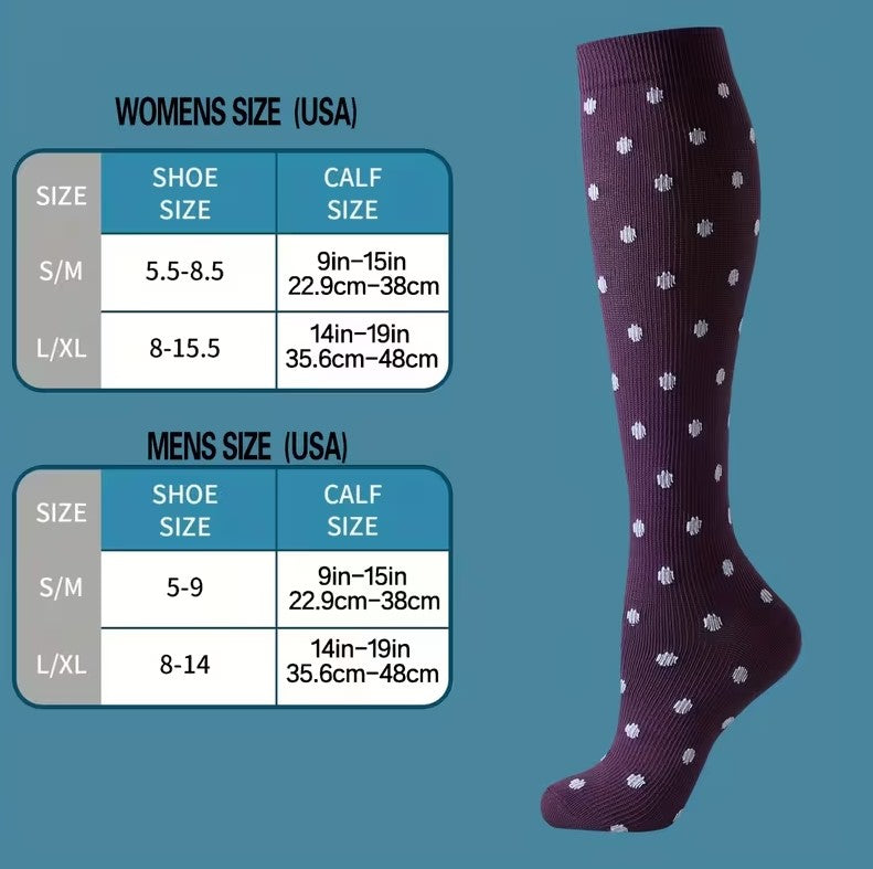 Elegant Plum Polka Dot Compression Socks – Knee High Comfort & Circulation Support